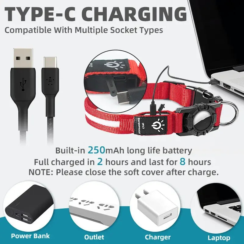 LED Waterproof Dog Collar – USB‑C Rechargeable Light Collar with AirTag Holder - Fur Babies Pet Store