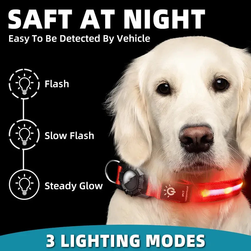 LED Waterproof Dog Collar – USB‑C Rechargeable Light Collar with AirTag Holder - Fur Babies Pet Store