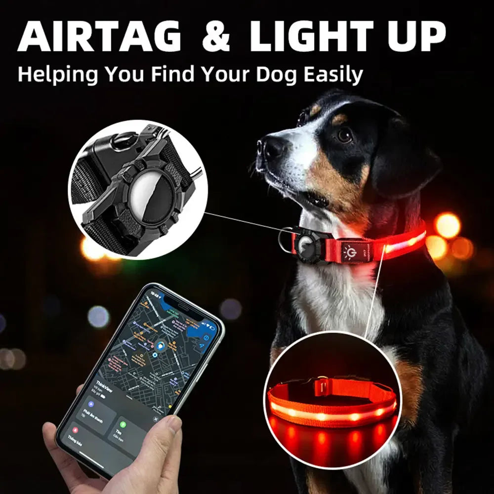 LED Waterproof Dog Collar – USB‑C Rechargeable Light Collar with AirTag Holder - Fur Babies Pet Store