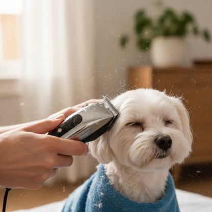 Close-up of electric clippers trimming dog's face and ears