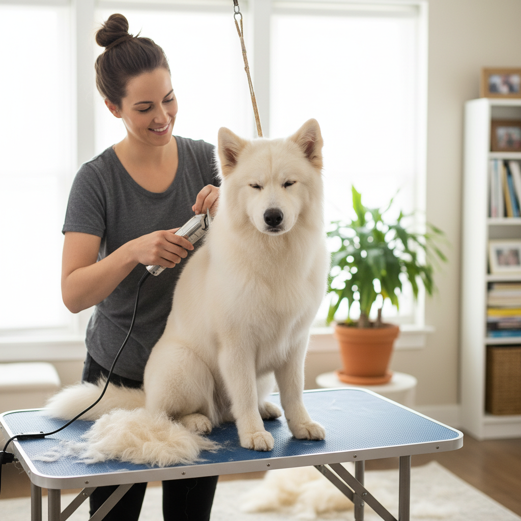Dog getting professional haircut with electric clippers at home