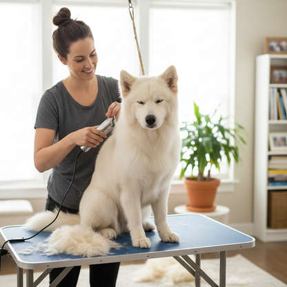 Dog getting professional haircut with electric clippers at home