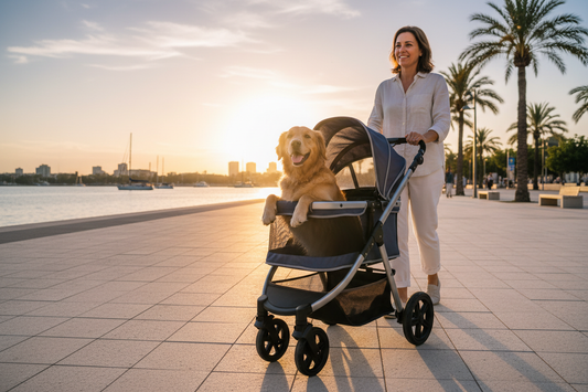 Dog in stroller at waterfront