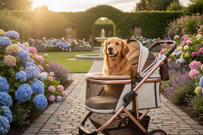 Dog in stroller in garden