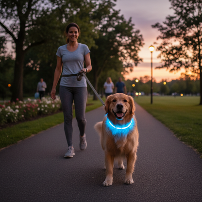 Dog wearing glowing LED collar during evening walk