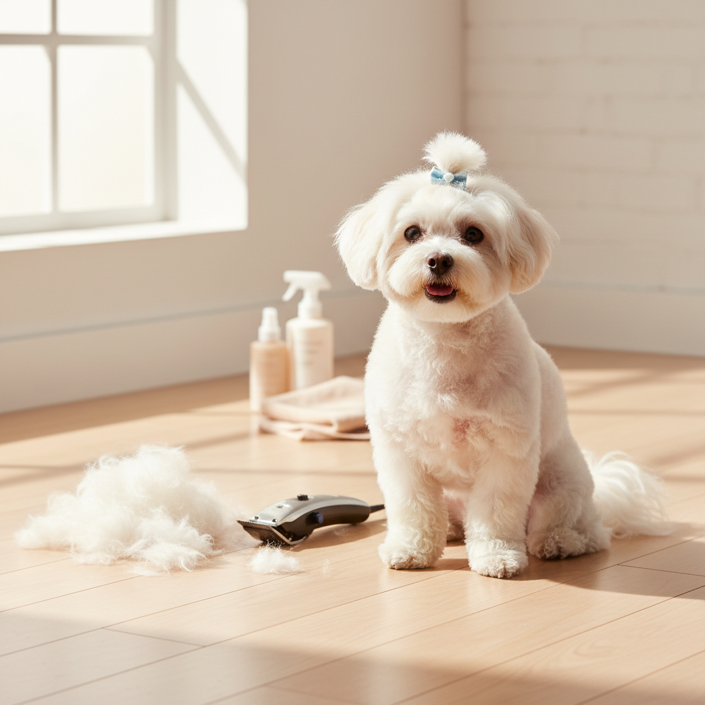Freshly groomed dog with neat trim next to clippers