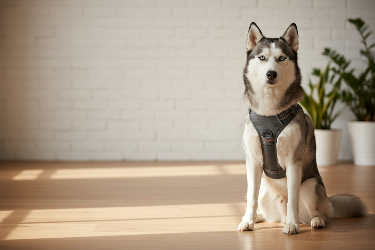 Grey and white husky with harness - desktop hero right aligned