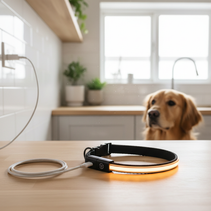 LED collar being charged via USB cable