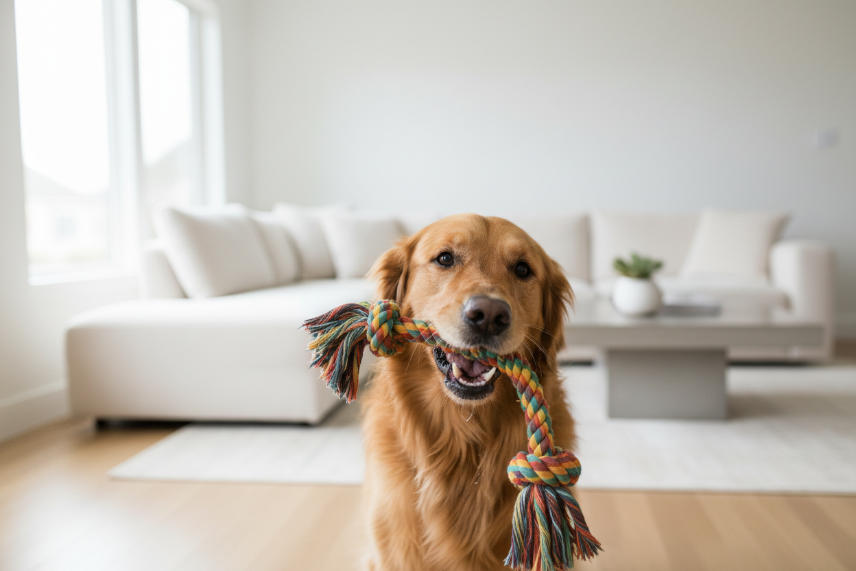 Premium lifestyle image of dog playing with toy in modern home