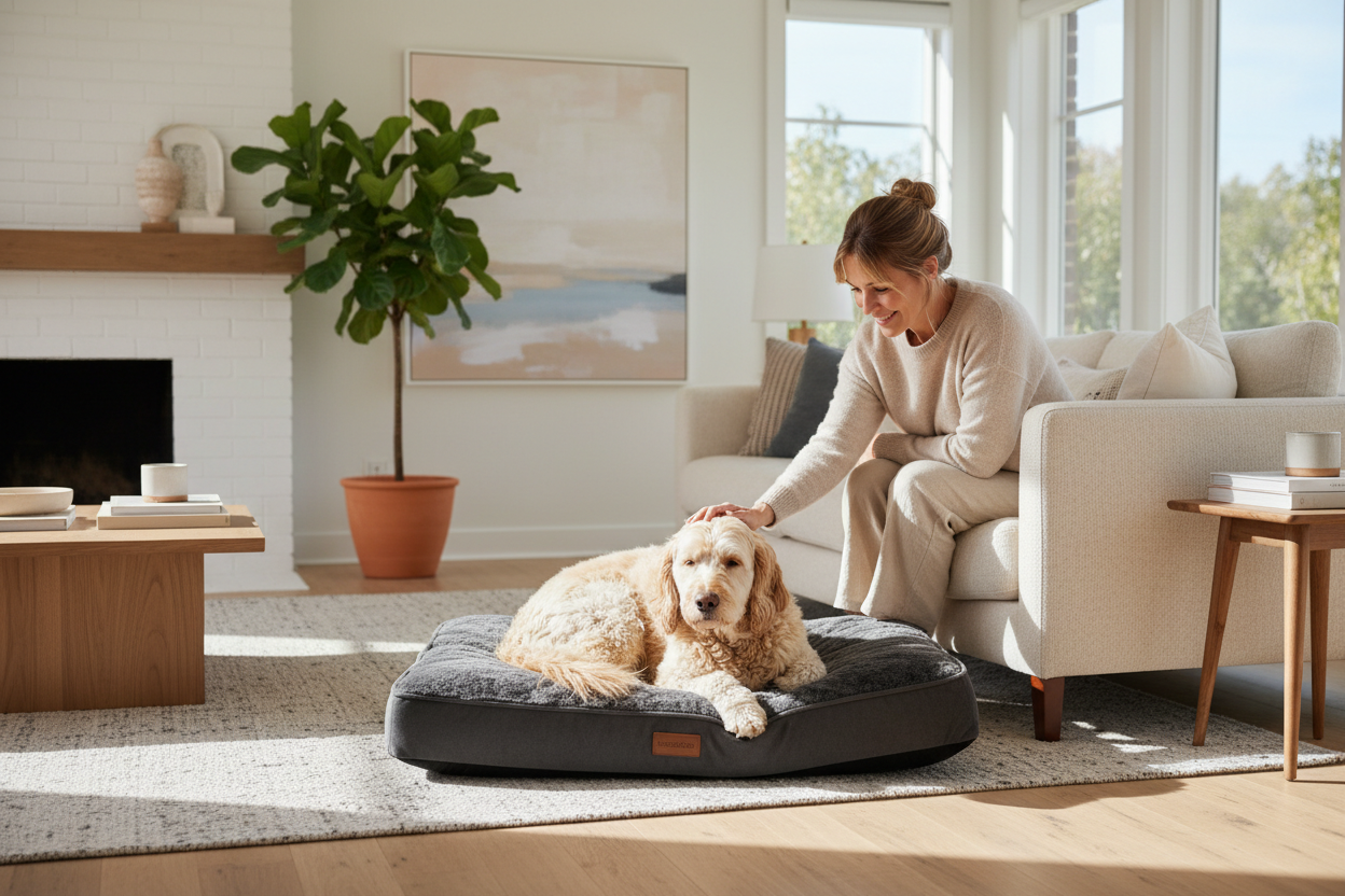 Premium lifestyle image of dog relaxing on bed with owner in modern living room